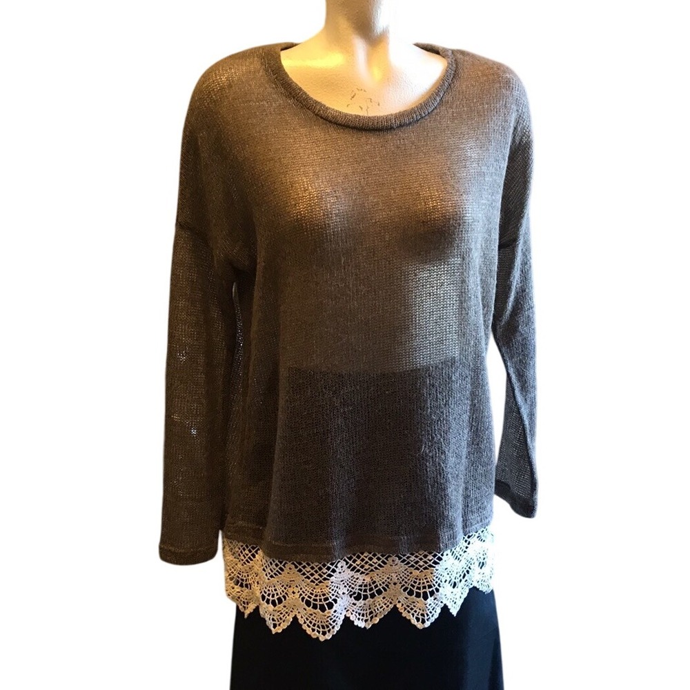 Lace Hem Tunic Top‎ Sheer Knit Long Sleeve Gray Bohemian Blouse